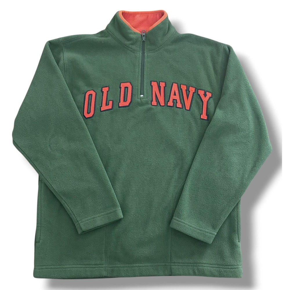 Old Navy Y2K Fleece Pullover Kids Large 10-12 Green Quarter Zip Logo Sweatshirt